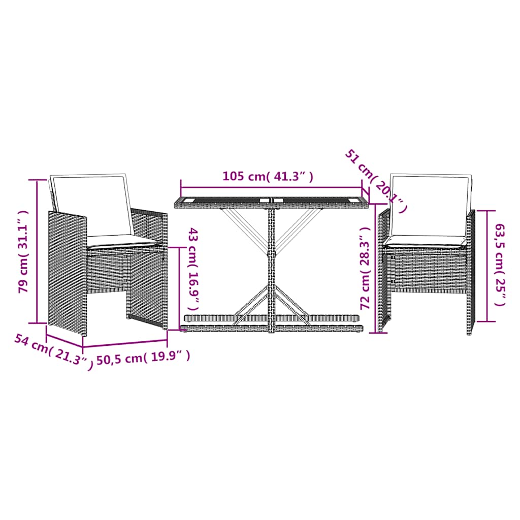 Set da Bistrò 3 pz con Cuscini Grigio in Polyrattan | homemem39