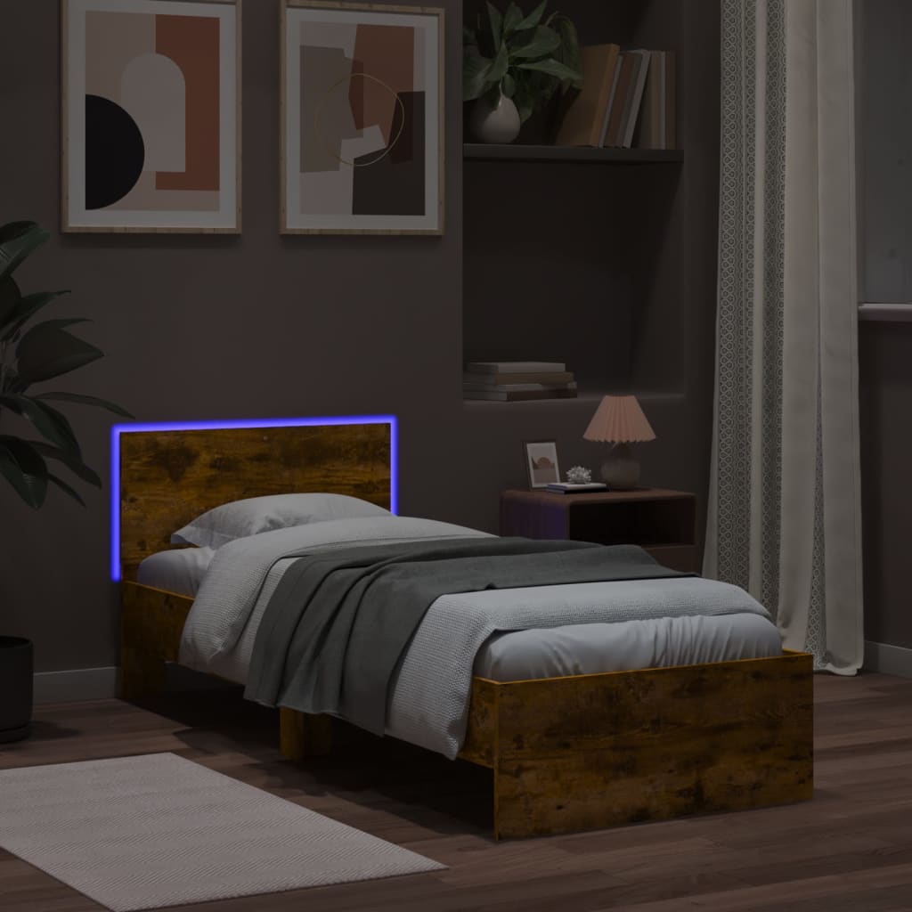 Giroletto con Testiera e LED Rovere Fumo 90x190 cm | homemem39