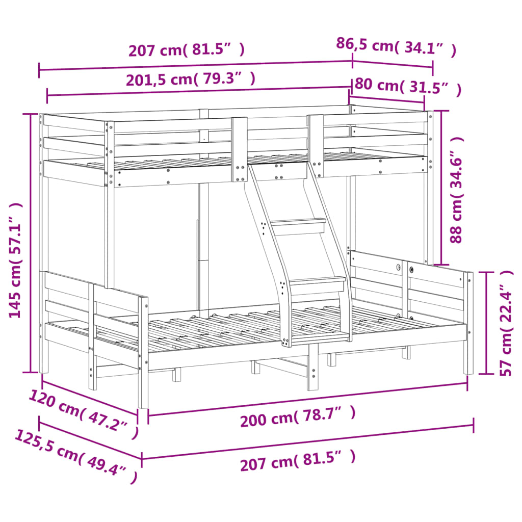 Bunk bed 80x200/120x200 cm in solid pine wood