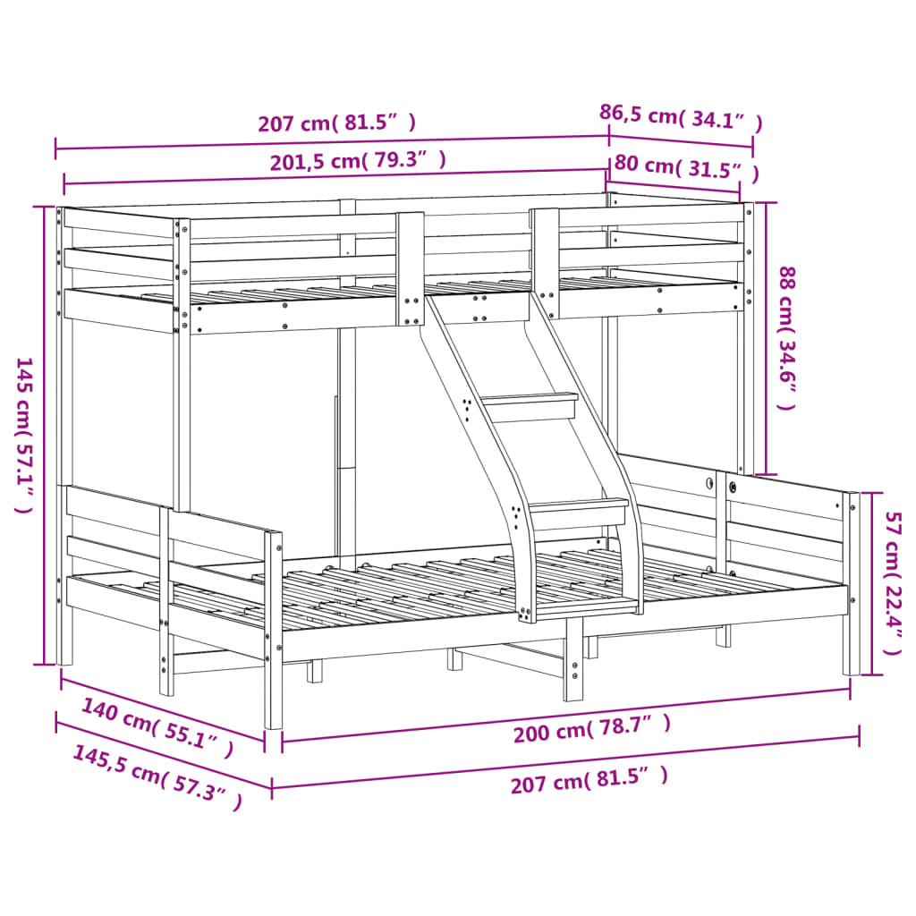 Bunk bed 80x200/140x200 cm in solid pine wood