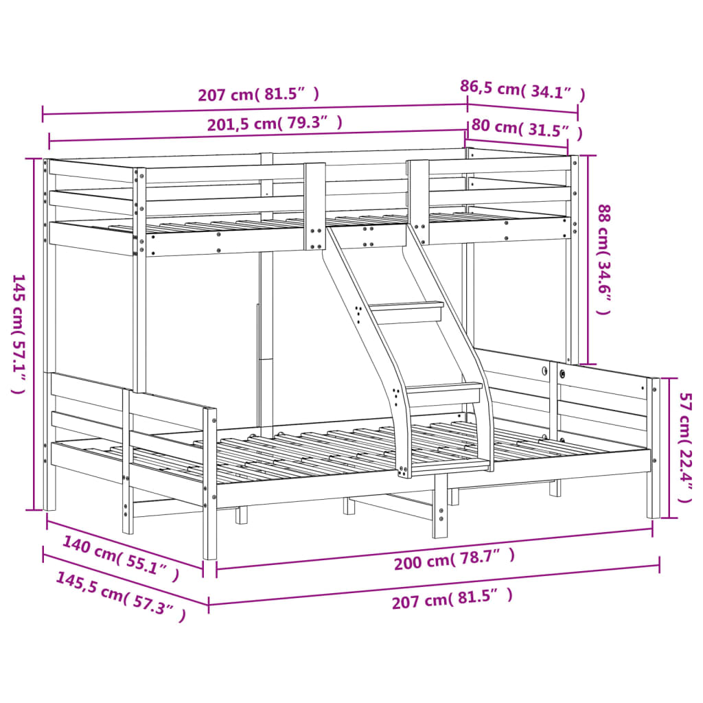 Bunk bed 80x200/140x200 cm Brown Wax Solid Pine