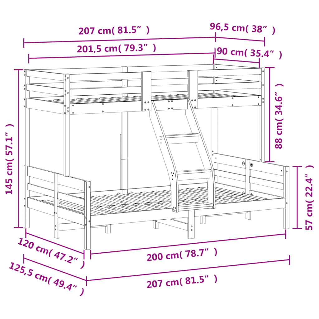 Letto a Castello 90x200/120x200cm Bianco Legno Massello di Pino