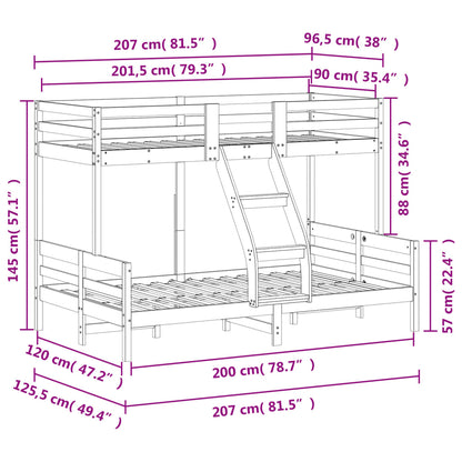 Letto a Castello 90x200/120x200cm Bianco Legno Massello di Pino