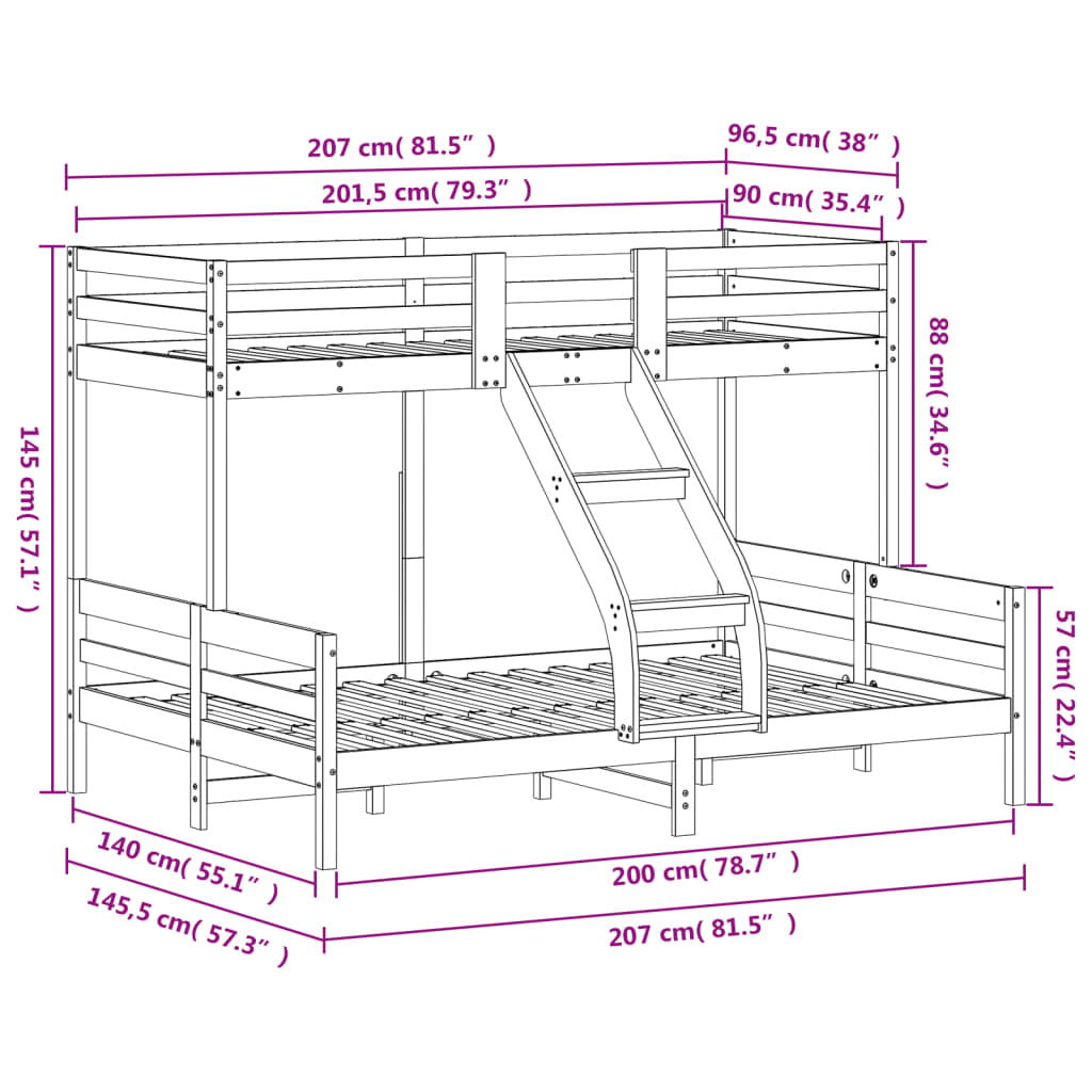 Bunk Bed 90x200/140x200cm White Solid Pine Wood