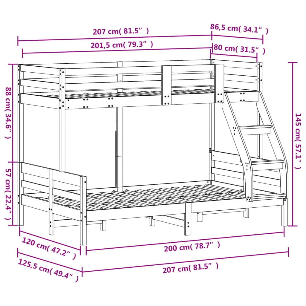 Letto a Castello 80x200/120x200 cm Marrone Cera Massello Pino