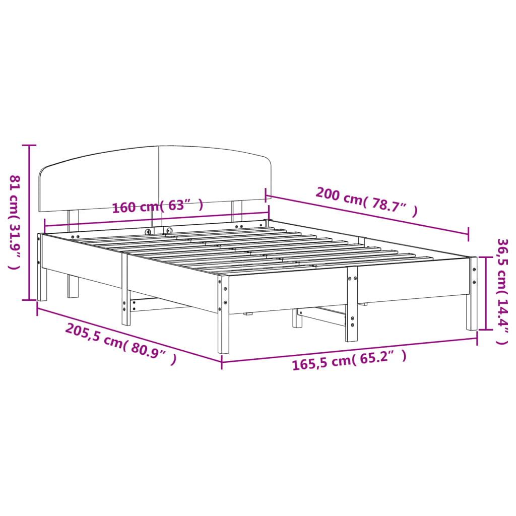 Bed frame with headboard 160x200 cm in solid pine wood