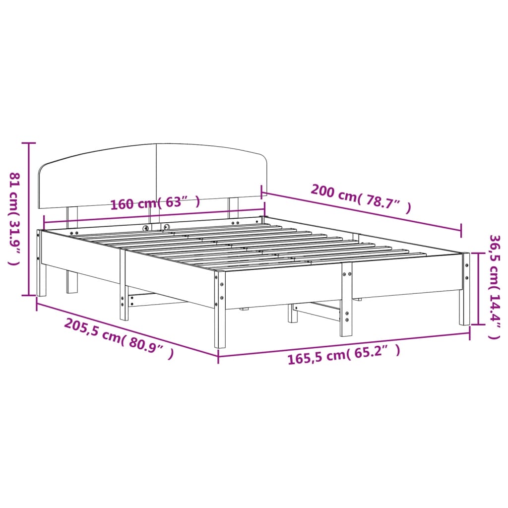 Bedframe with White Headboard 160x200 cm Solid Pine Wood