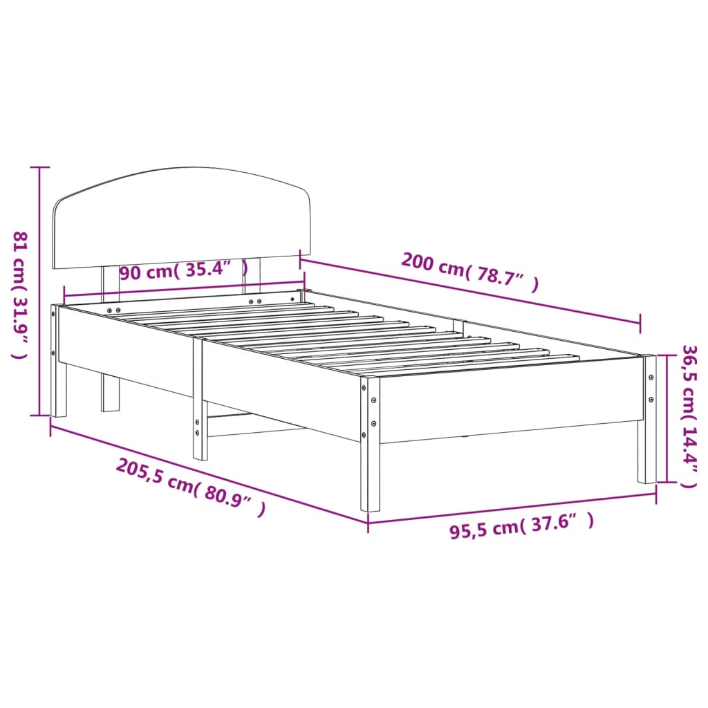 Bedframe with Wax Brown Headboard 90x200 cm Solid Pine