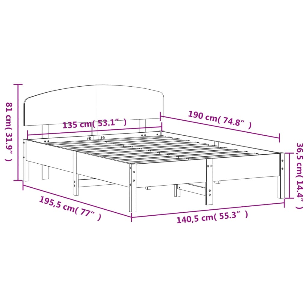 Bedframe with White Headboard 135x190 cm Solid Pine Wood