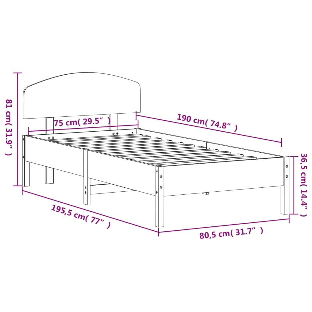 Wax Brown Bed Frame with Headboard 75x190 cm Solid Pine