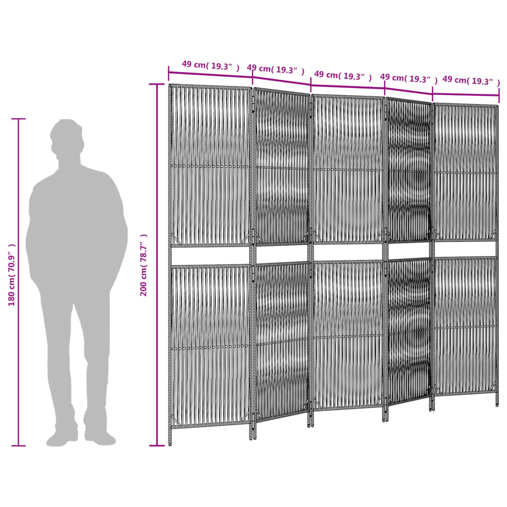 Divisorio per Ambienti a 5 Pannelli Nero in Polyrattan - homemem39
