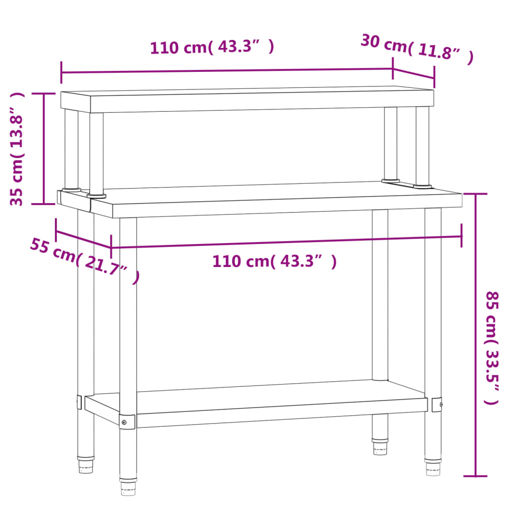 Tavolo Lavoro Cucina con Ripiano 110x55x120 cm Acciaio Inox | homemem39