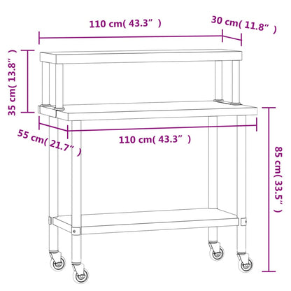 Tavolo Lavoro Cucina con Ripiano 110x55x120 cm Acciaio Inox | homemem39
