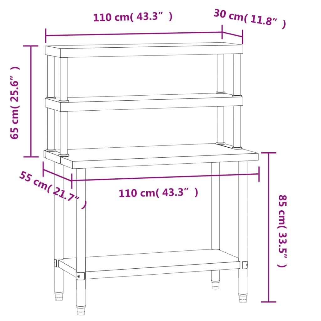 Tavolo Lavoro Cucina con Ripiano 110x55x150 cm Acciaio Inox | homemem39