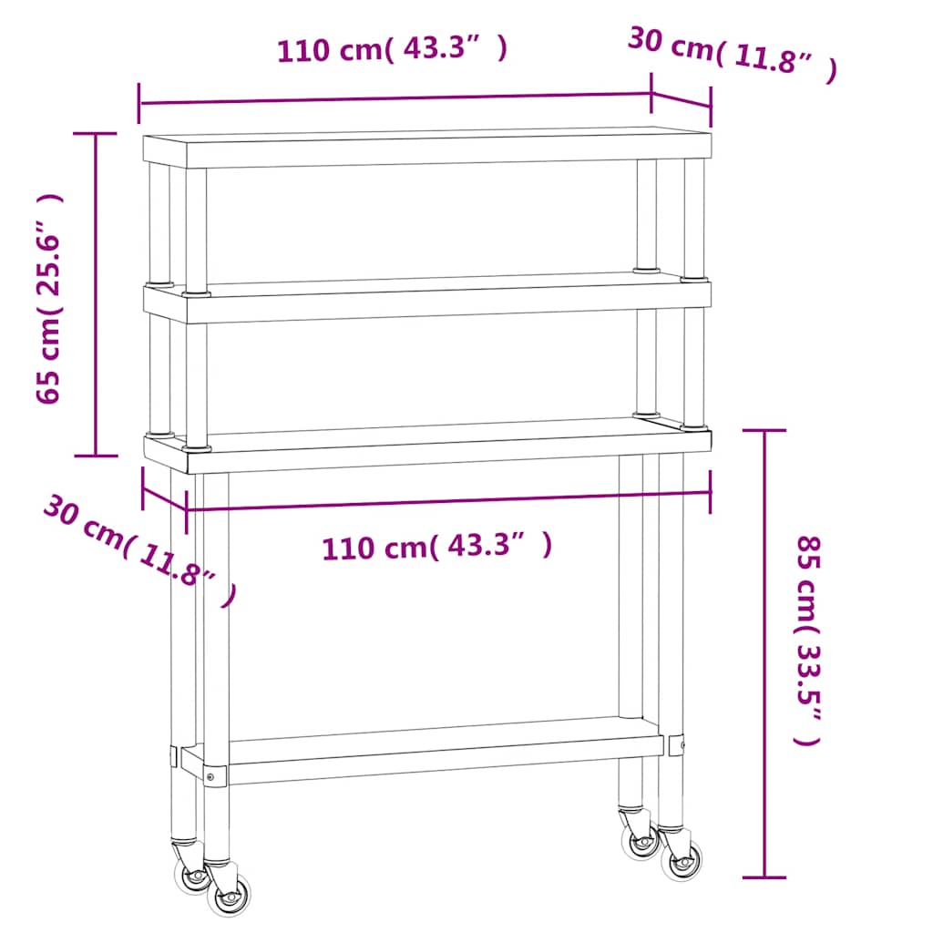 Tavolo Lavoro Cucina con Ripiano 110x30x150 cm Acciaio Inox | homemem39