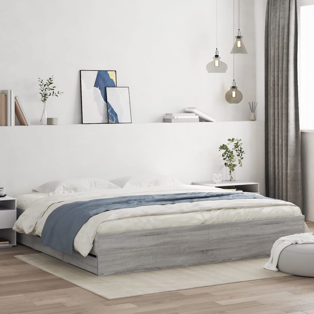 Sonoma Gray Bed Frame with Drawers 160x200 cm Plywood