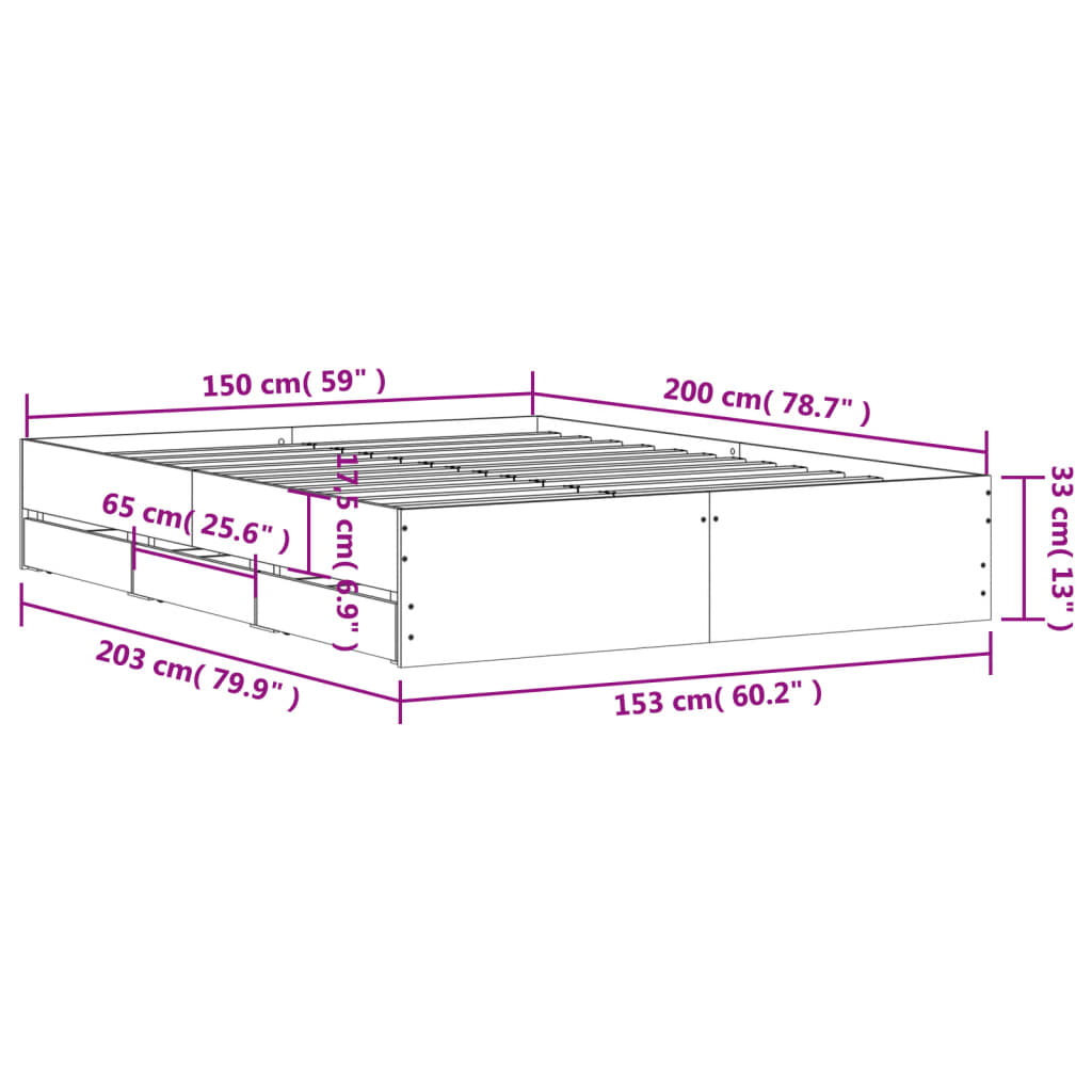 Cement Gray Bed Frame with Drawers 150x200 cm Plywood