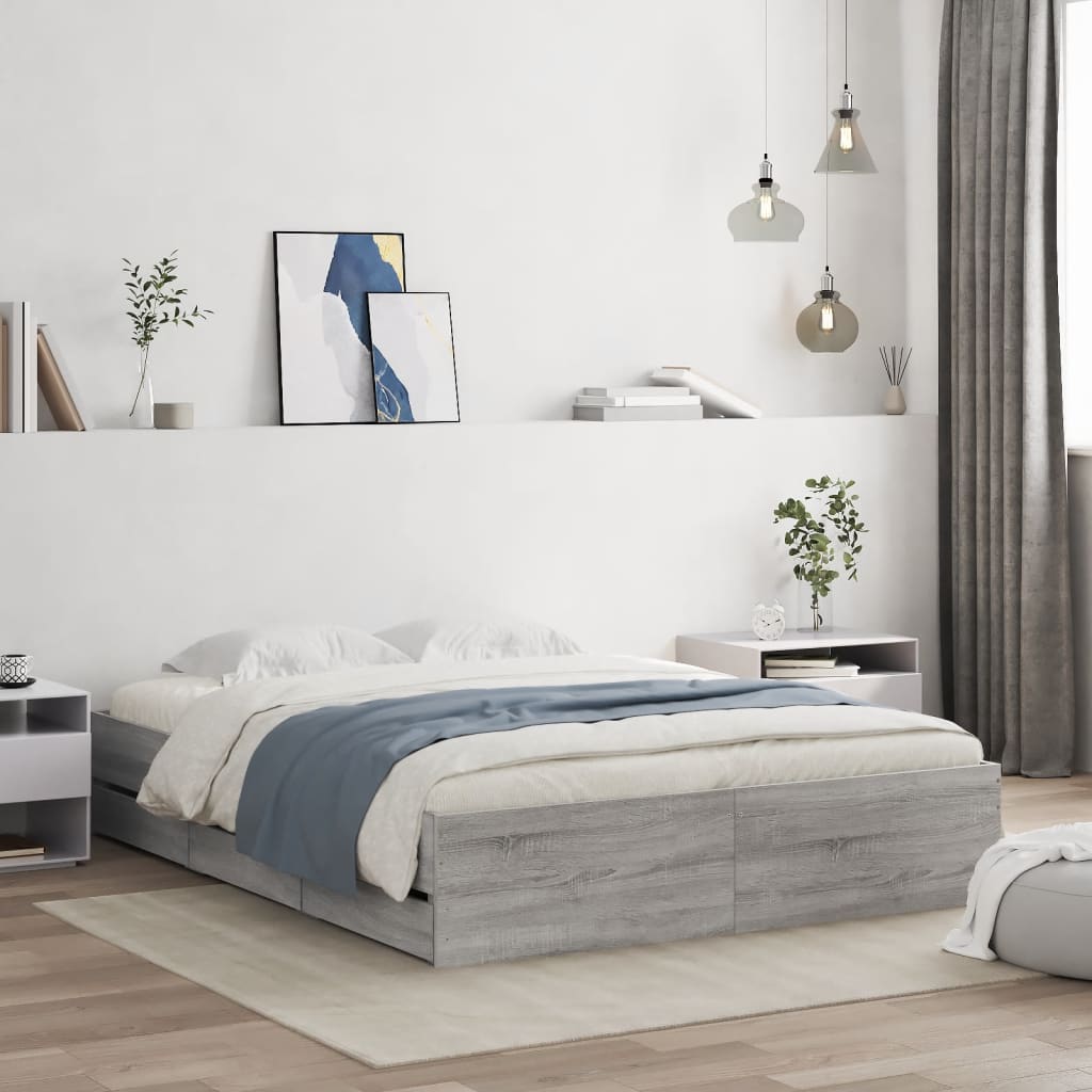 Sonoma Gray Bed Frame with Drawers 150x200 cm Plywood