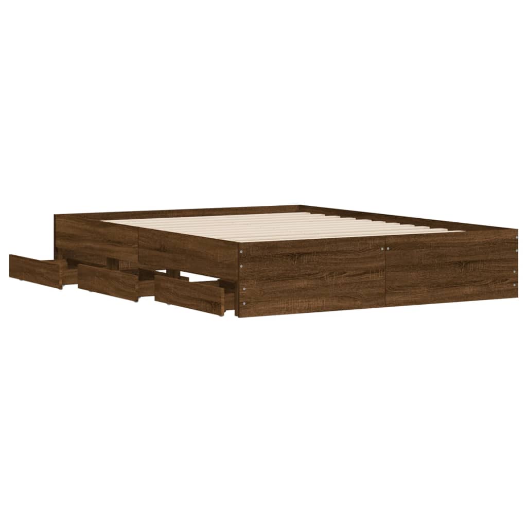 Bed frame with drawers in brown oak 150x200 cm plywood