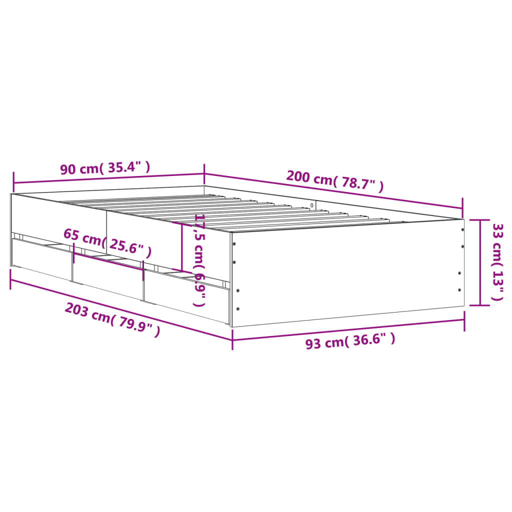 Giroletto Cassetti Rovere Sonoma 90x200 cm Legno Multistrato