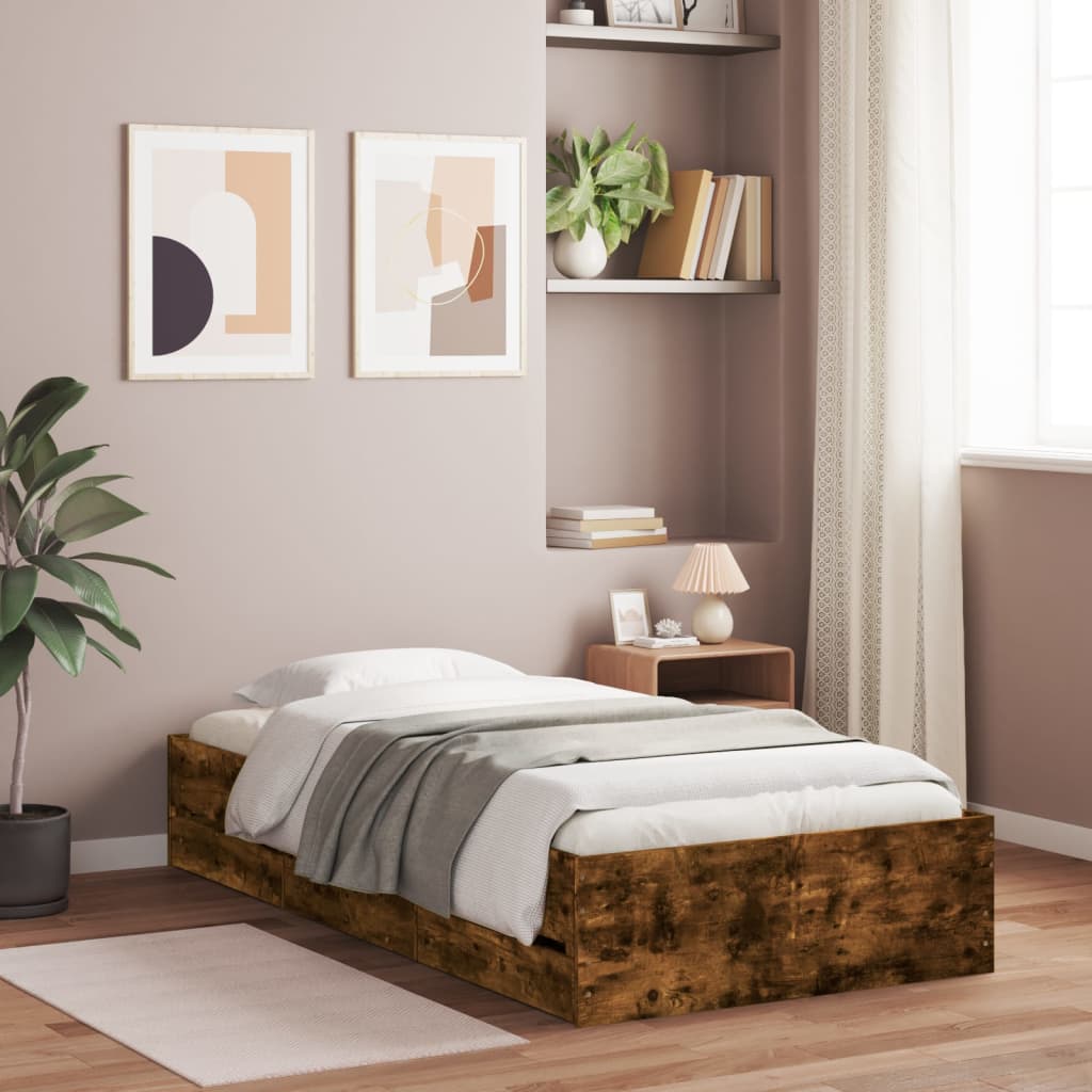 Bed frame with drawers Smoked Oak 90x200 cm Plywood