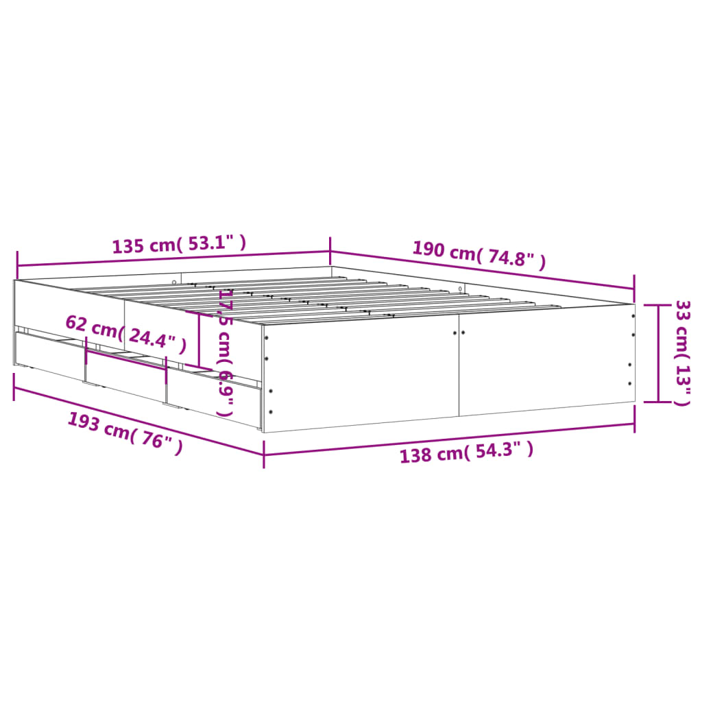 White bed frame with drawers 135x190 cm in multilayer wood