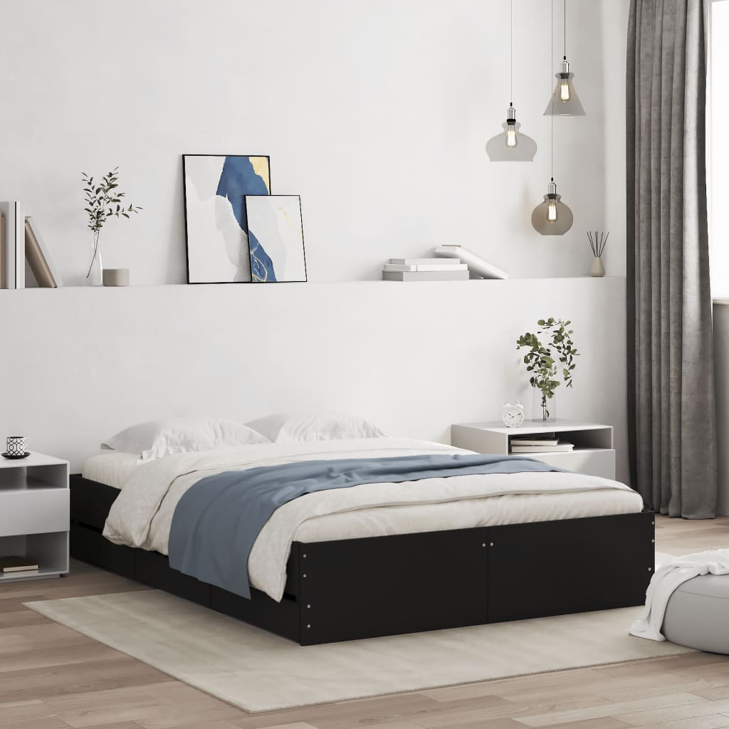 Black bed frame with drawers 135x190 cm in multilayer wood