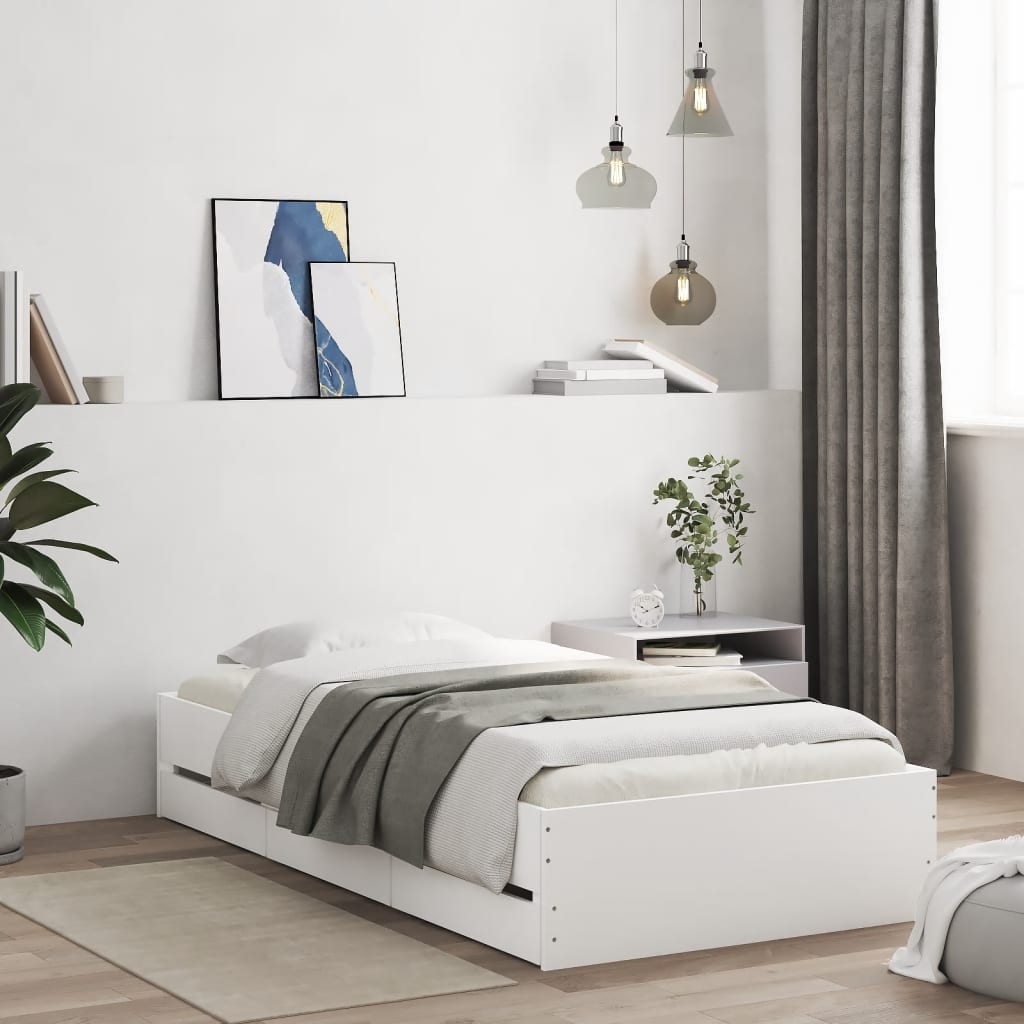 White bed frame with drawers 90x190 cm in multilayer wood