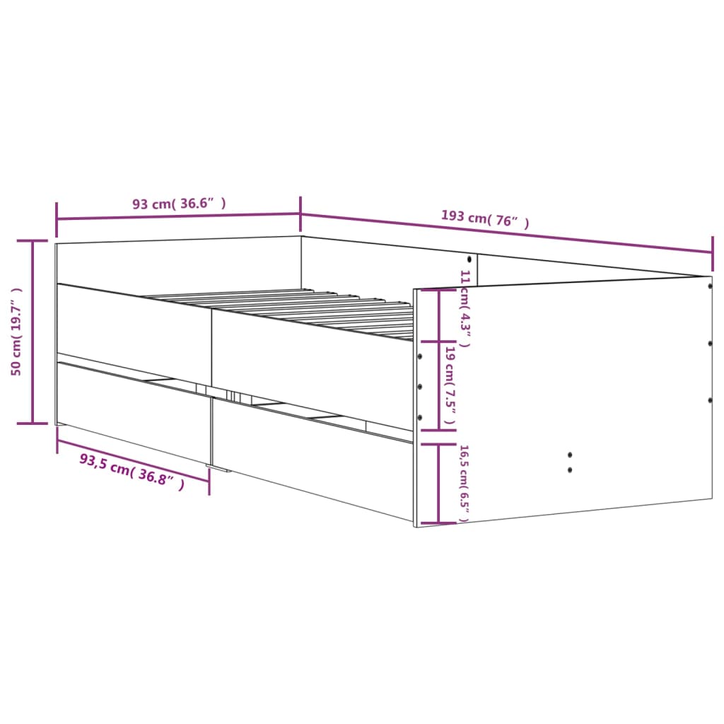 Bed frame with drawers Sonoma Gray 90x190 cm