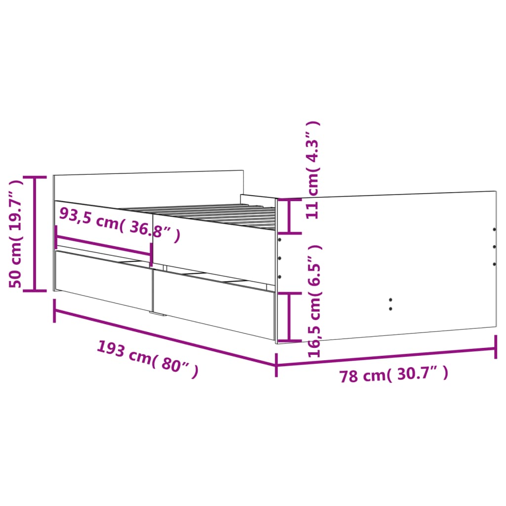 Giroletto con Cassetti Rovere Fumo 75x190 cm Small Single