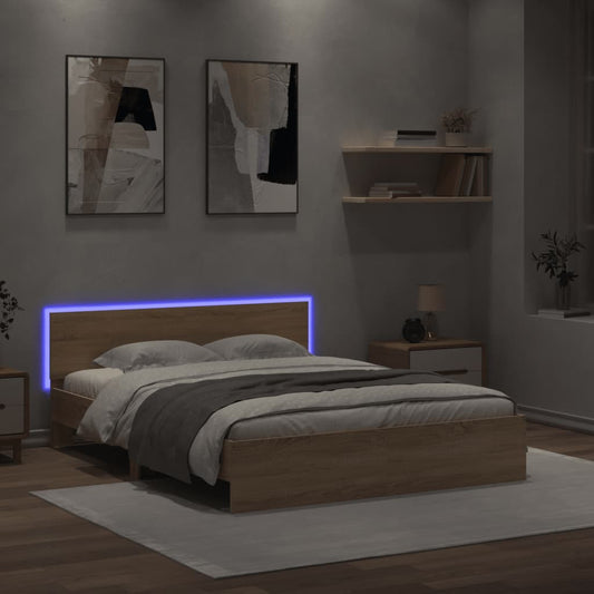 Bed frame with headboard and LED Sonoma oak 160x200 cm