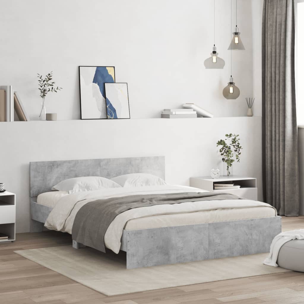 Cement Gray Bed Frame with Headboard and LED 160x200 cm