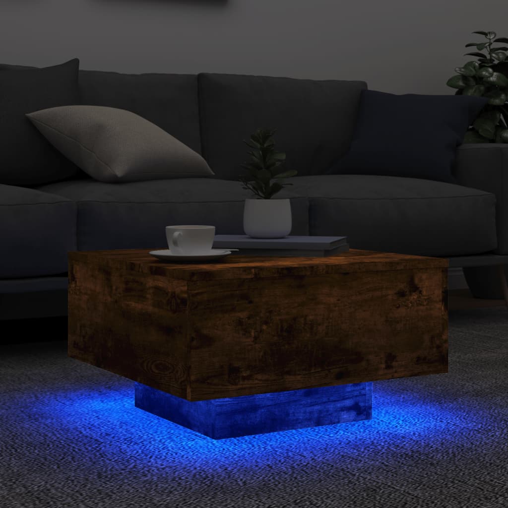 Tavolino da Soggiorno con Luci LED Rovere Fumo 55x55x31 cm