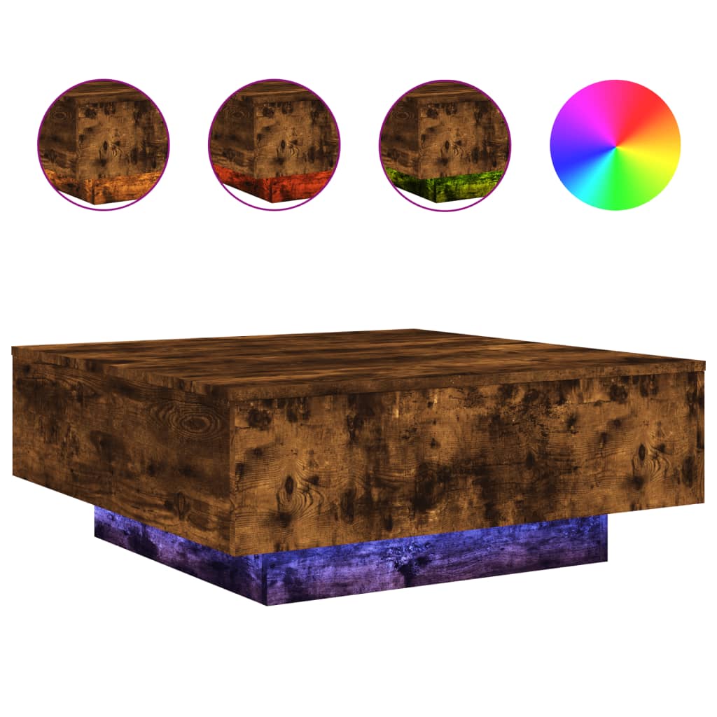 Tavolino da Soggiorno con Luci LED Rovere Fumo 80x80x31 cm | homemem39