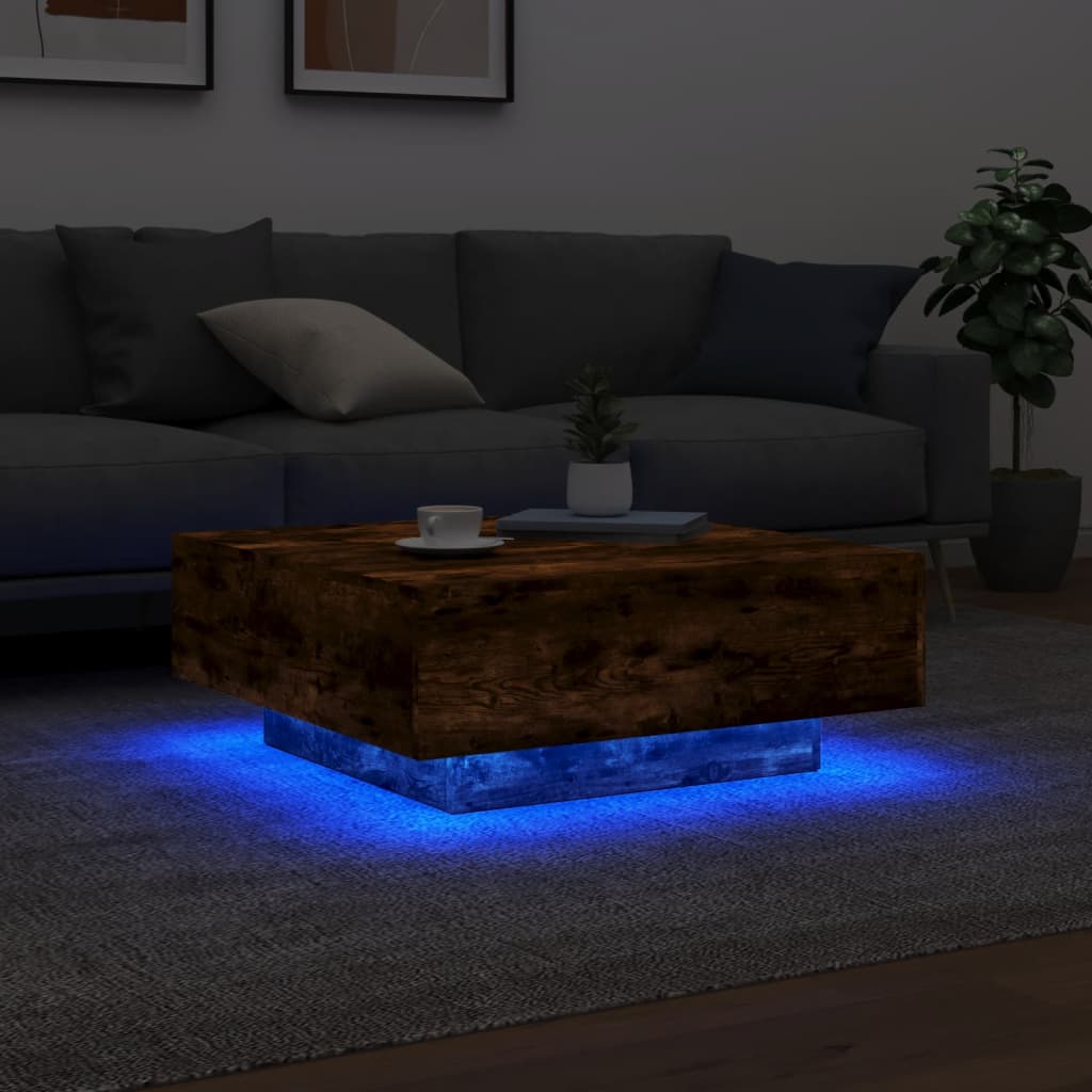 Tavolino da Soggiorno con Luci LED Rovere Fumo 80x80x31 cm