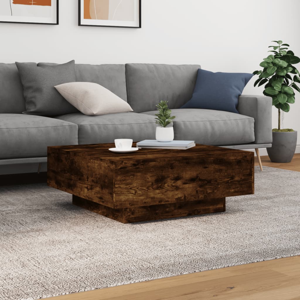 Tavolino da Soggiorno con Luci LED Rovere Fumo 80x80x31 cm | homemem39