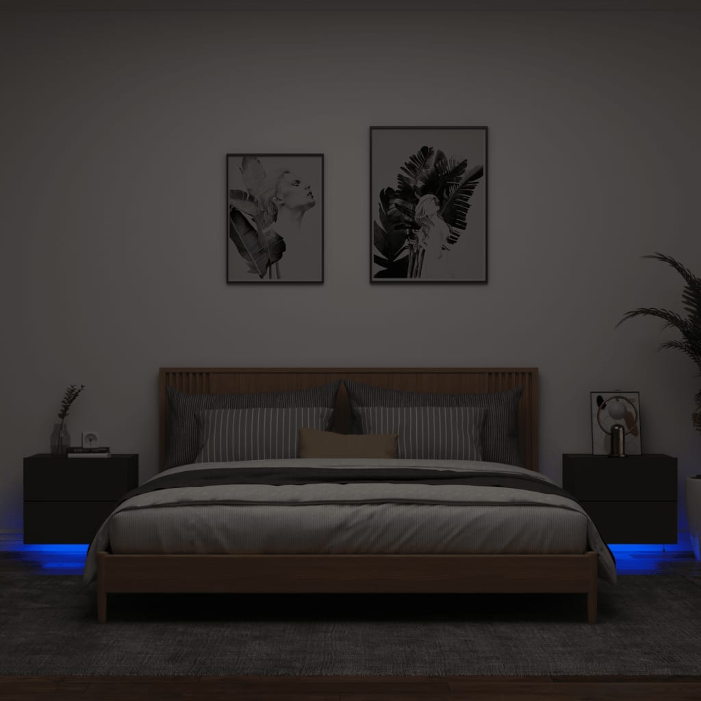 Comodini a Parete con Luci LED 2 pz Neri - homemem39