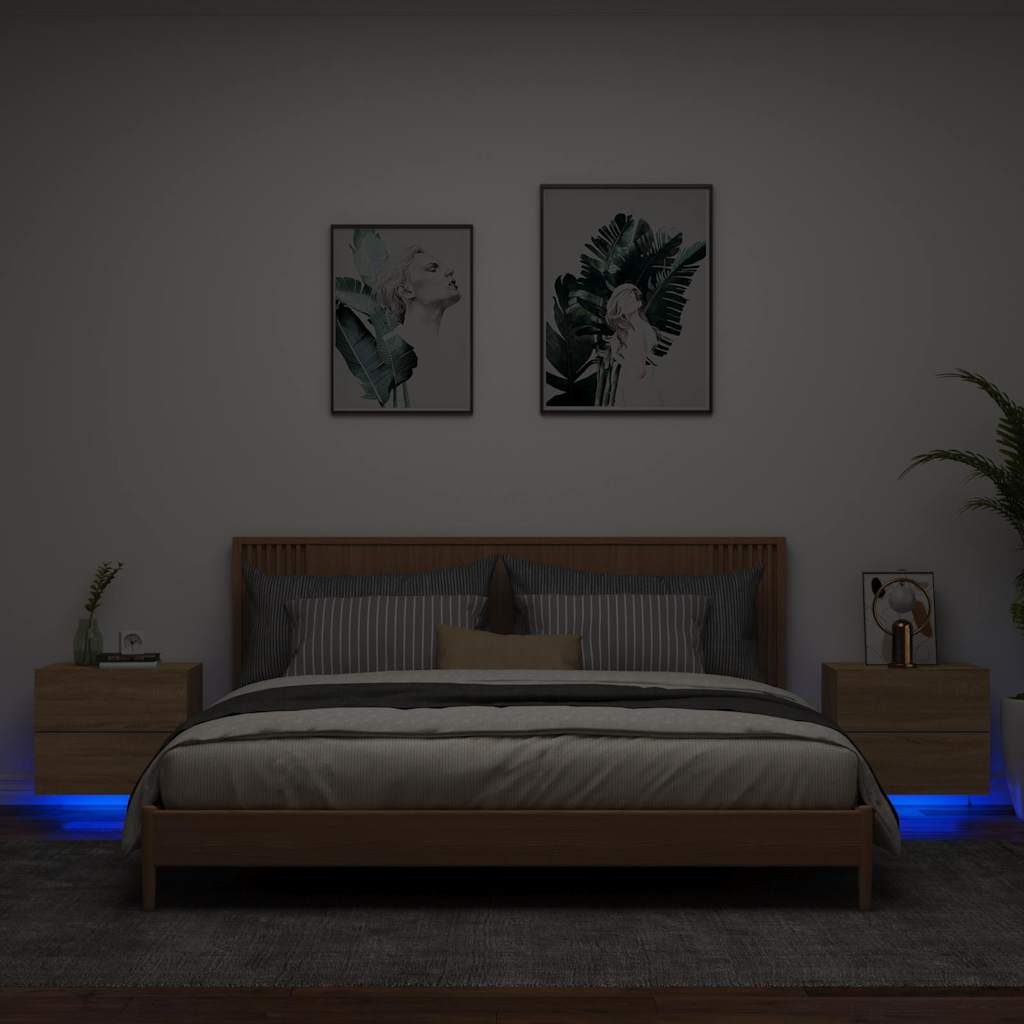 Comodini a Parete con luci LED 2 pz Rovere Sonoma - homemem39