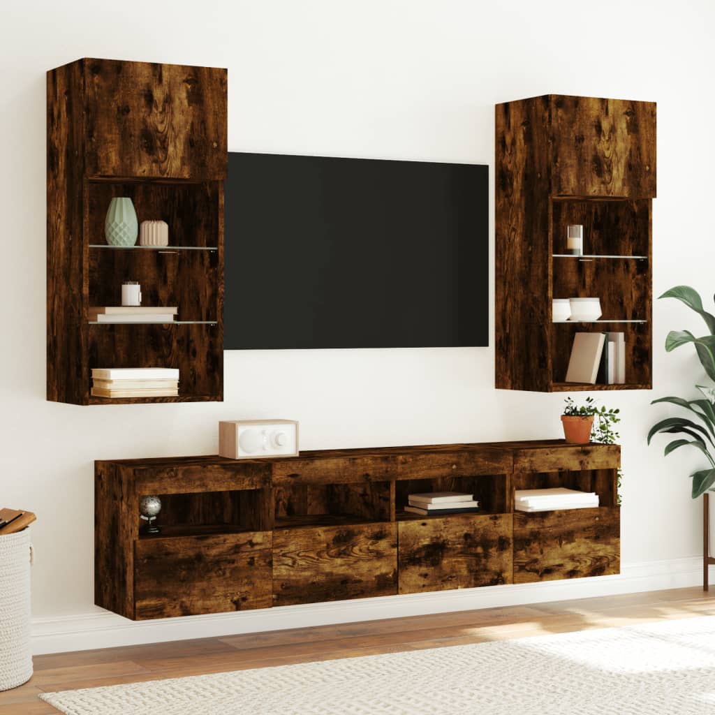 Mobili TV a Parete con Luci LED 2pz Rovere Fumo 40x30x40 cm | homemem39