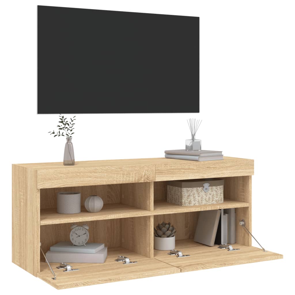 Mobile TV a Parete con Luci LED Rovere Sonoma 100x30x40 cm | homemem39