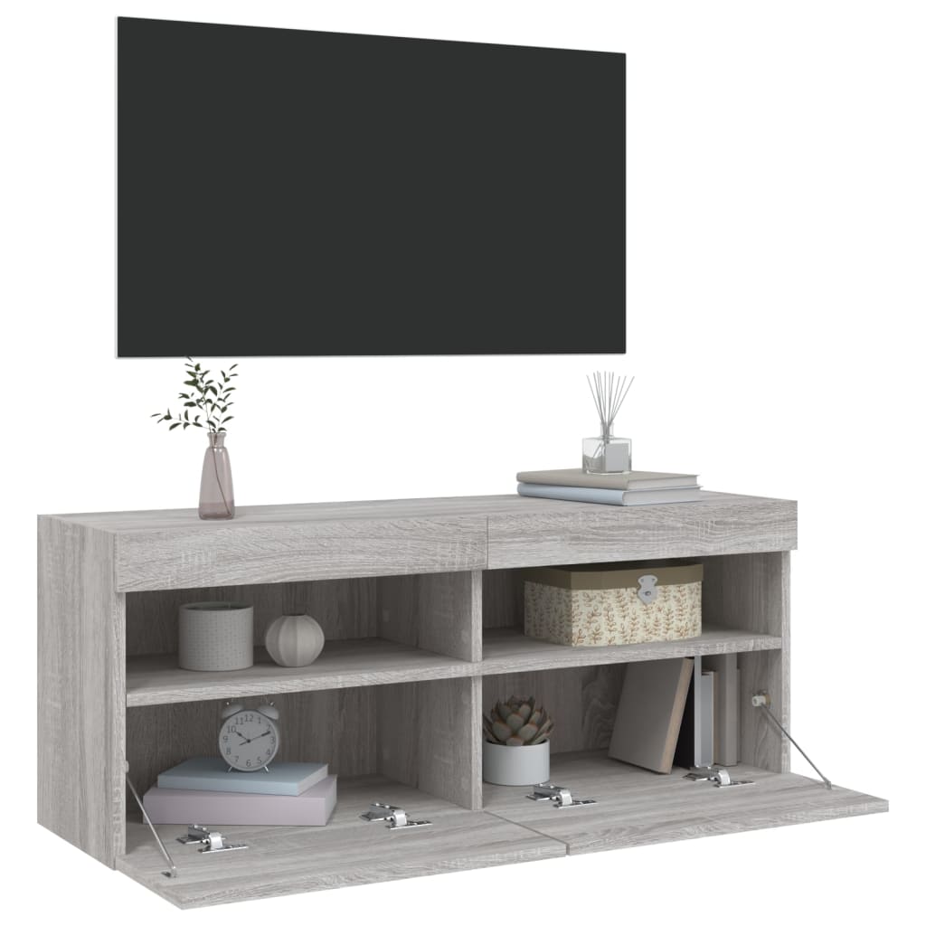 Mobile TV a Parete con Luci LED Grigio Sonoma 100x30x40 cm | homemem39