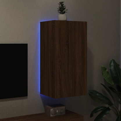 Wall-mounted TV cabinet with LED lights Brown Oak 40.5x35x80 cm