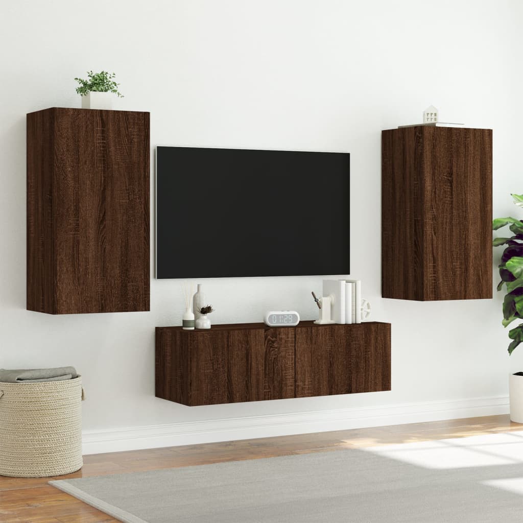 Wall-mounted TV cabinet with LED lights Brown Oak 40.5x35x80 cm