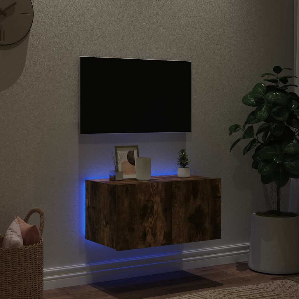 Mobile TV a Parete con Luci LED Rovere Fumo 60x35x31 cm