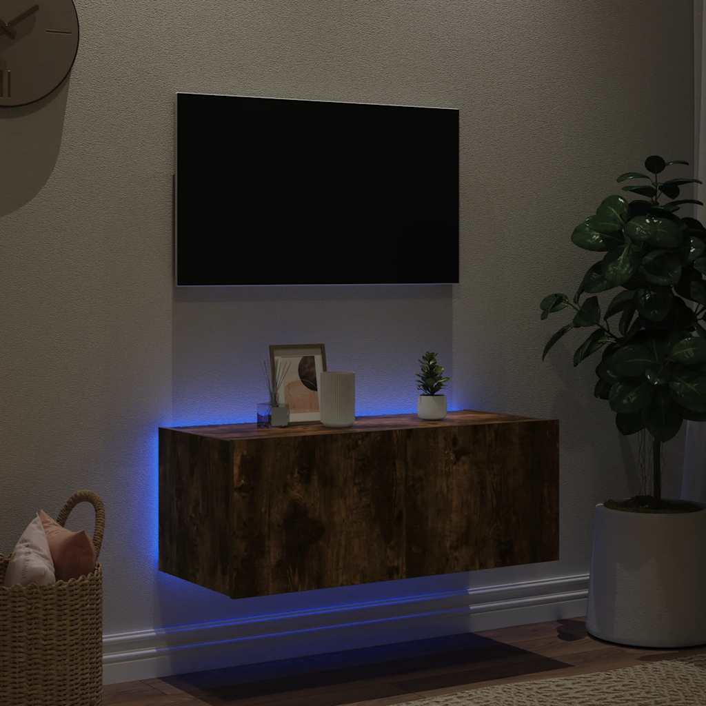 Mobile TV a Parete con Luci LED Rovere Fumo 80x35x31 cm