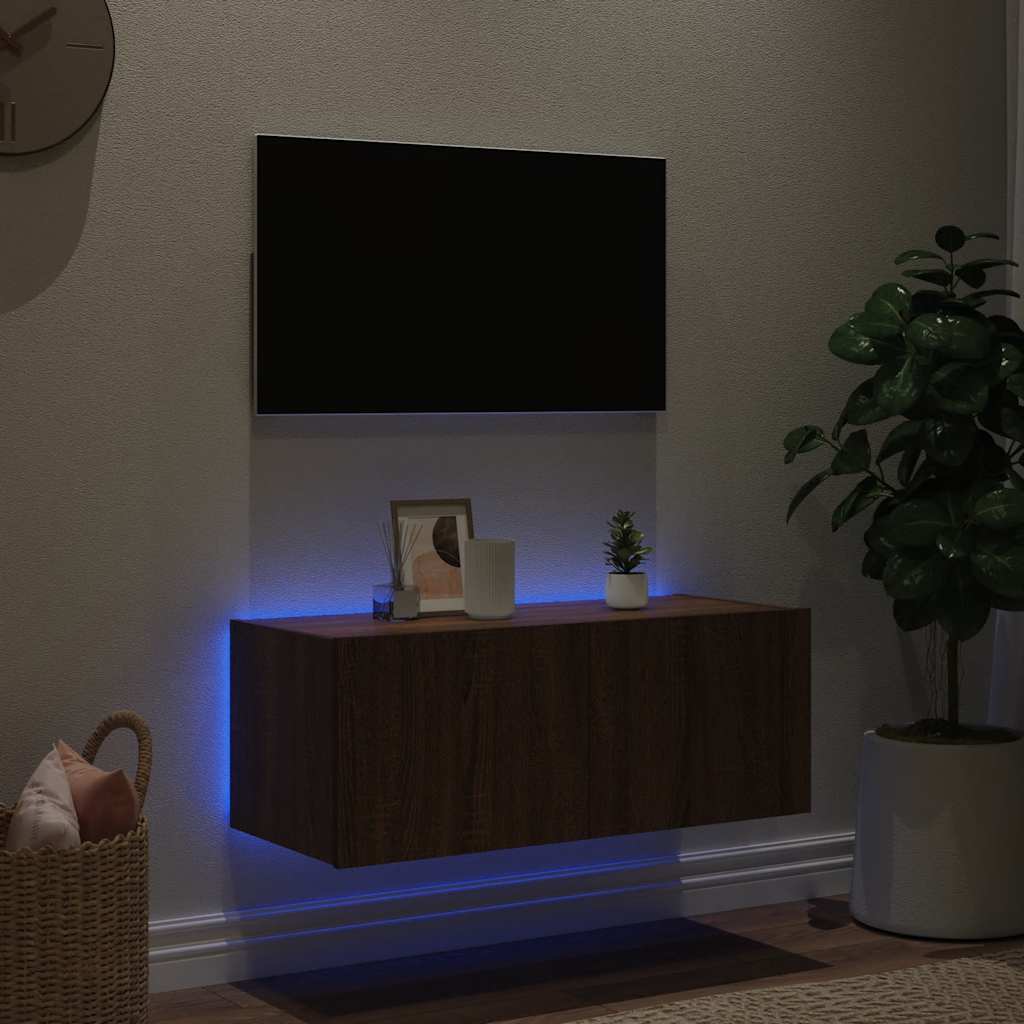 Mobile TV a Parete con Luci LED Rovere Marrone 80x35x31 cm