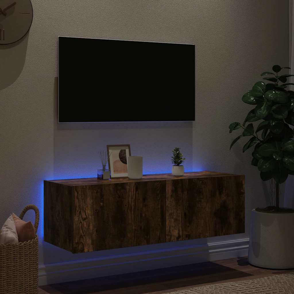 Mobile TV a Parete con Luci LED Rovere Fumo 100x35x31 cm