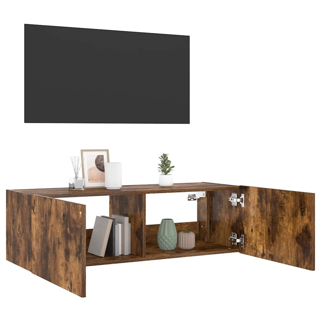 Mobile TV a Parete con Luci LED Rovere Fumo 100x35x31 cm