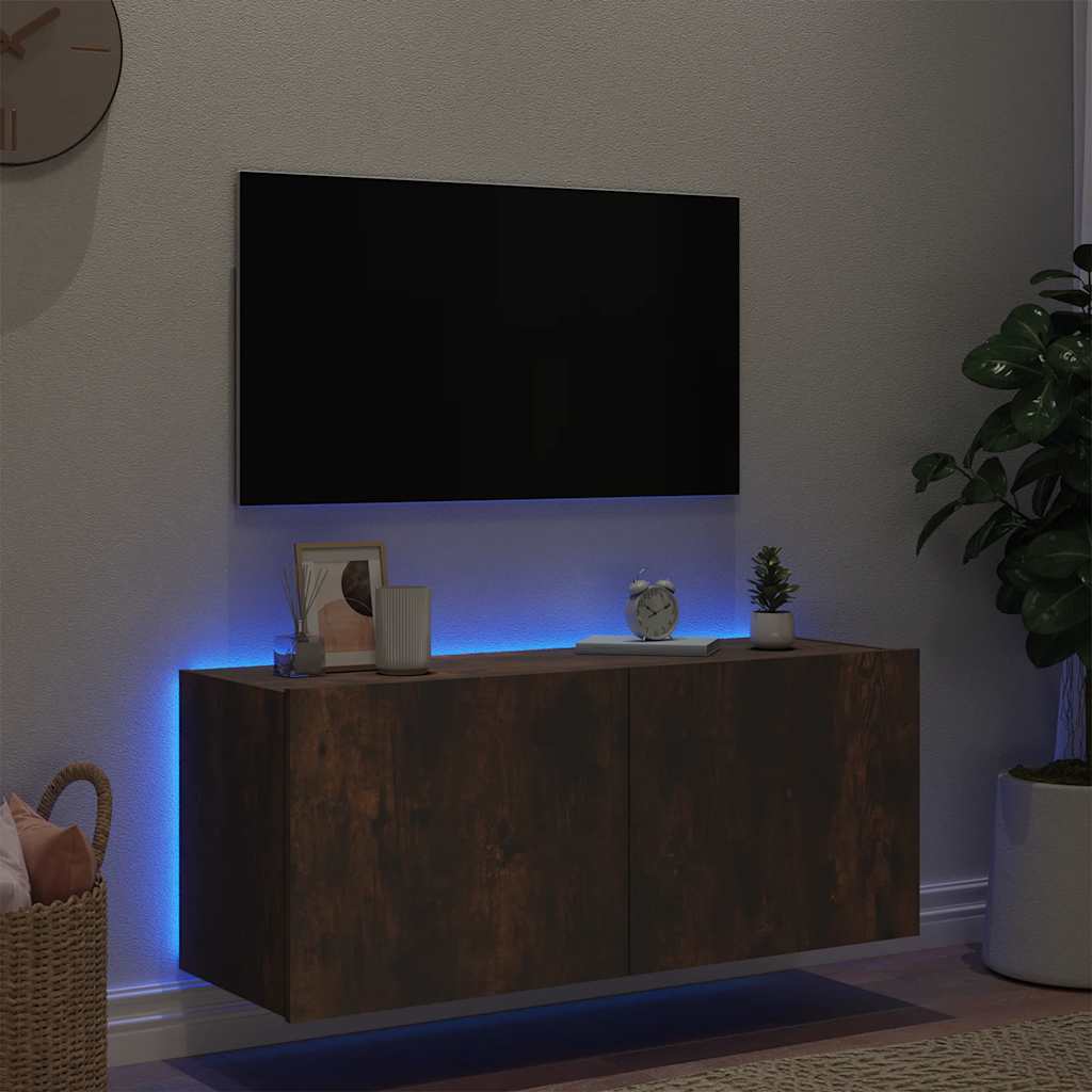 Mobile TV a Parete con Luci LED Rovere Fumo 100x35x41 cm