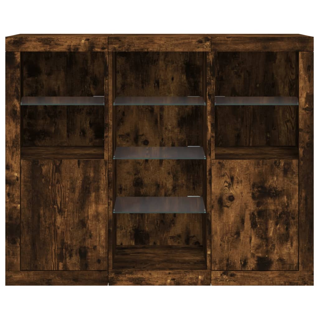 Credenze con Luci LED 3 pz Rovere Fumo in Legno Multistrato - homemem39